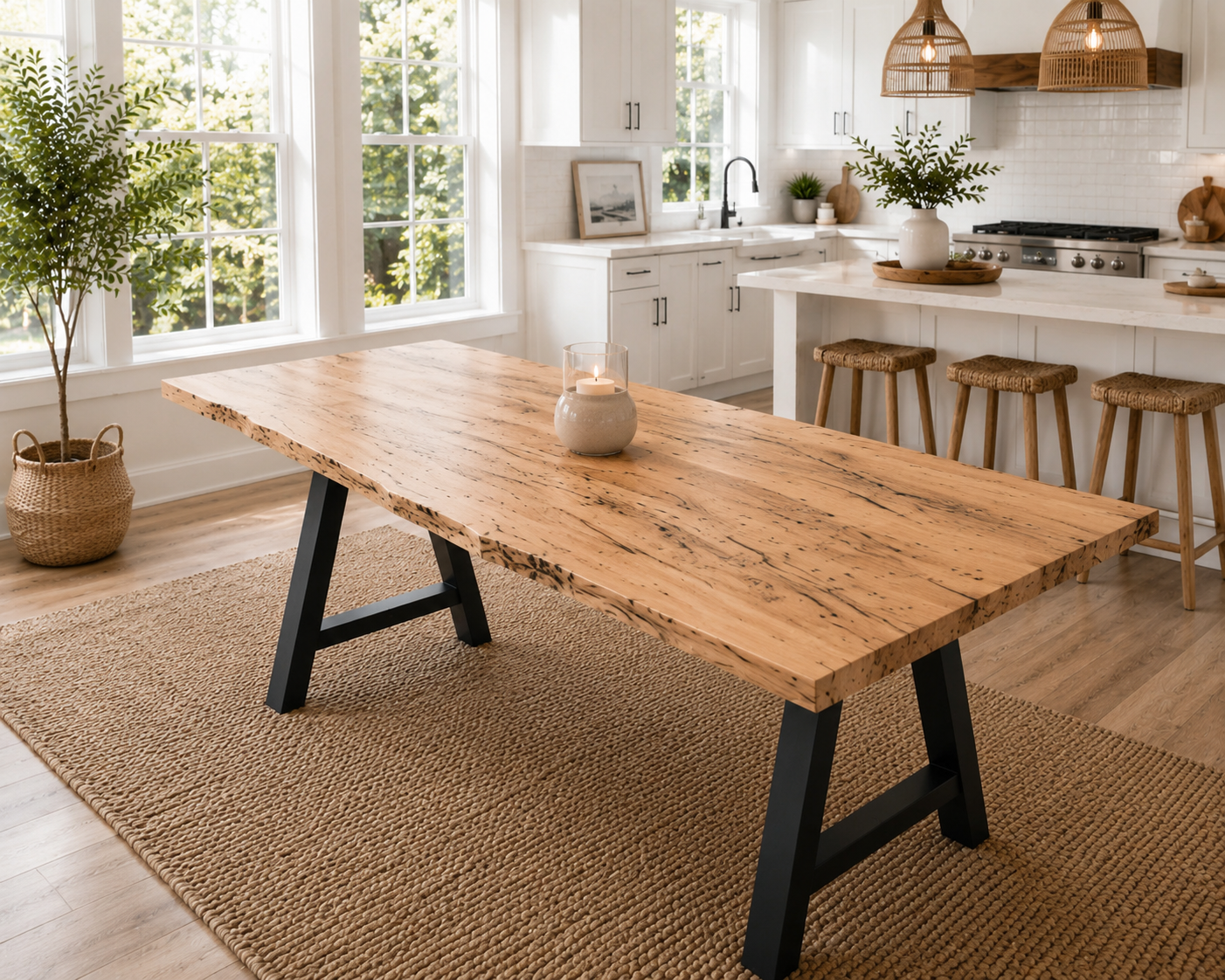 Live Edge Wormy Maple Table | Solid Wood Custom Made Table | Modern Farmhouse Kitchen And Dining Room