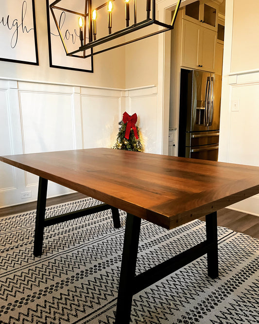 Modern Farmhouse Black Walnut Dining Tables, 100% Amish Made Tables In Lancaster, County PA, Trestle Base With Breadboard Ends, Custom Size