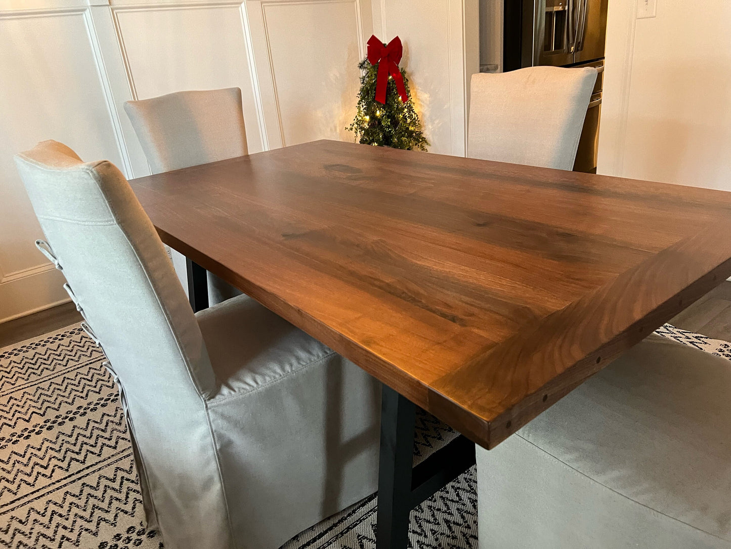 Modern Farmhouse Black Walnut Dining Tables, 100% Amish Made Tables In Lancaster, County PA, Trestle Base With Breadboard Ends, Custom Size