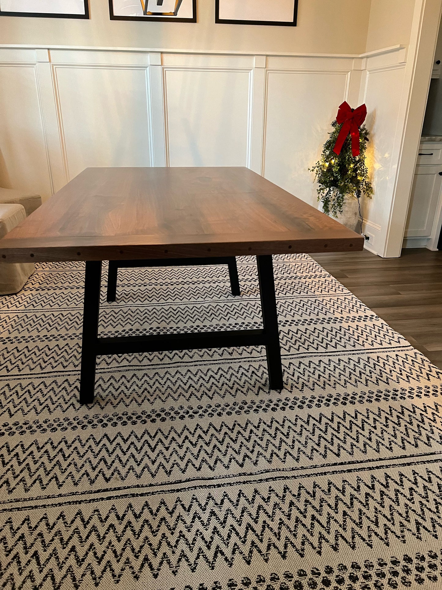 Modern Farmhouse Black Walnut Dining Tables, 100% Amish Made Tables In Lancaster, County PA, Trestle Base With Breadboard Ends, Custom Size