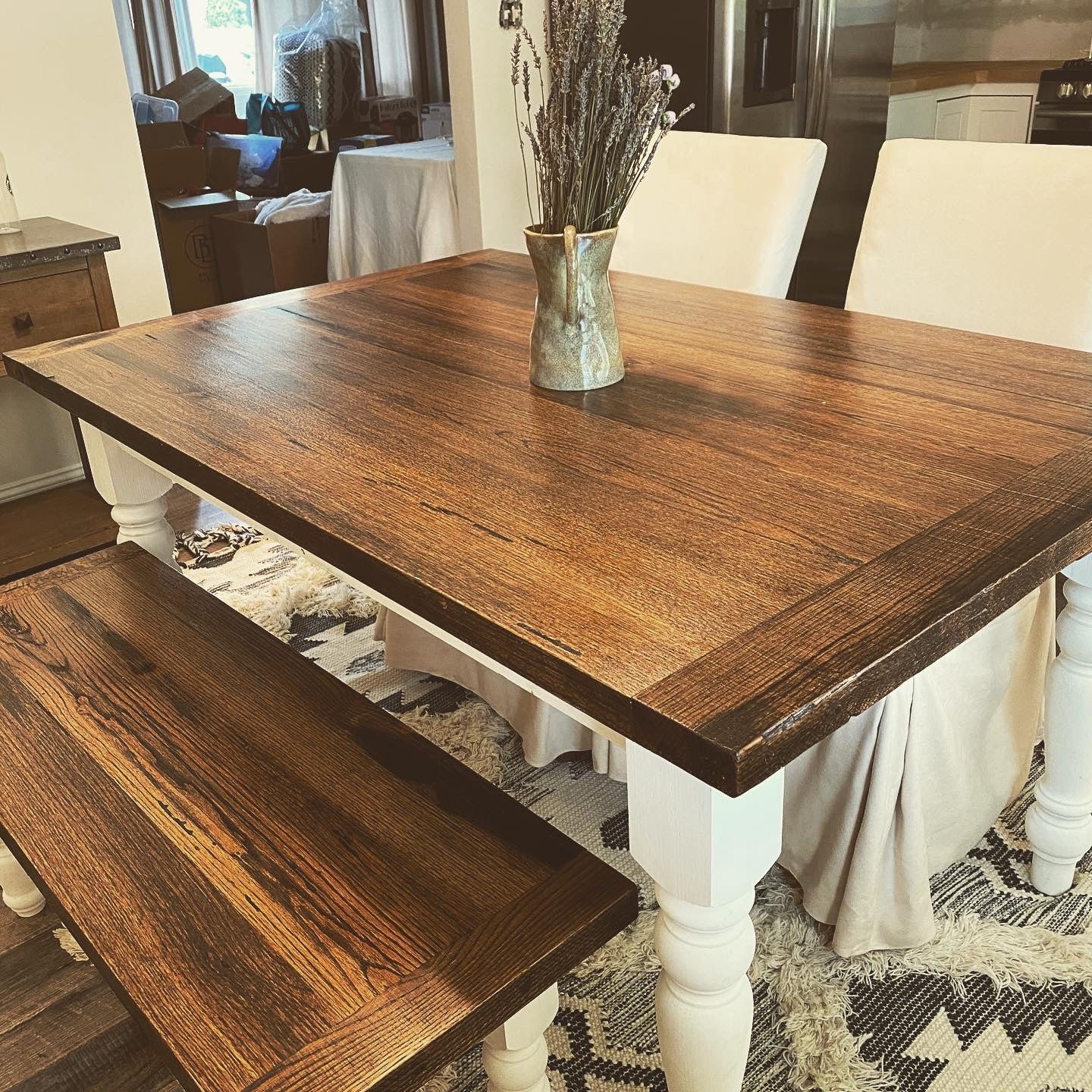 White table with on sale dark wood top